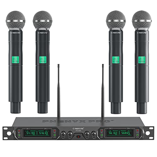 Wireless Microphone System, Phenyx Pro 4-Channel UHF Wireless Mic, Fixed Frequency Metal Cordless Mic with 4 Handheld Dynamic Microphones, 260ft Range, Microphone for Singing,Church,DJ (PTU-5000A)