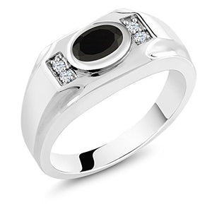 Gem Stone King 1.25 Ct Oval Black Onyx White Created Sapphire 925 Sterling Silver Men's Ring (Size 11)
