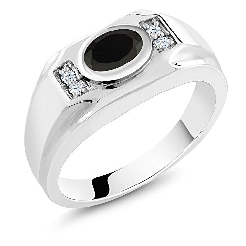 Gem Stone King 1.25 Ct Oval Black Onyx White Created Sapphire 925 Sterling Silver Men's Ring (Size 11)
