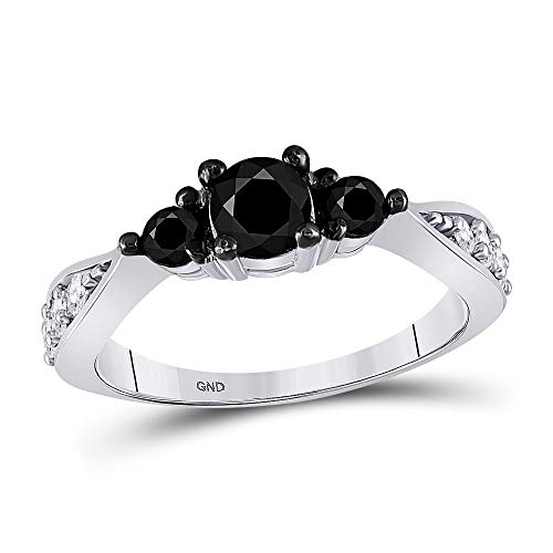 10k White Gold Round Black Color Enhanced Diamond 3-stone Bridal Wedding Ring 1 Cttw