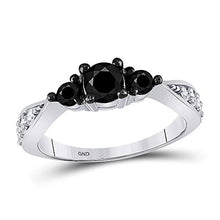 Load image into Gallery viewer, 10k White Gold Round Black Color Enhanced Diamond 3-stone Bridal Wedding Ring 1 Cttw
