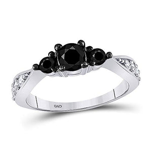 10k White Gold Round Black Color Enhanced Diamond 3-stone Bridal Wedding Ring 1 Cttw
