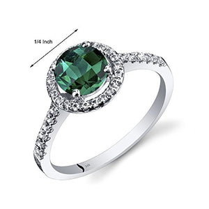 14K White Gold Created Emerald Halo Ring Round Checkerboard Cut 1.00 Carats Size 6