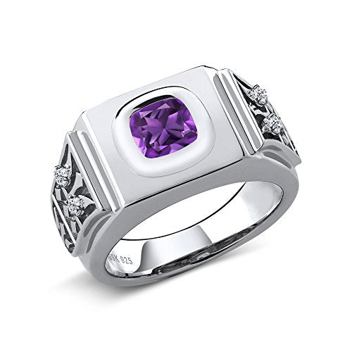 Gem Stone King 2.09 Ct Cushion Purple Amethyst White Topaz 925 Sterling Silver Men's Ring (Size 11)