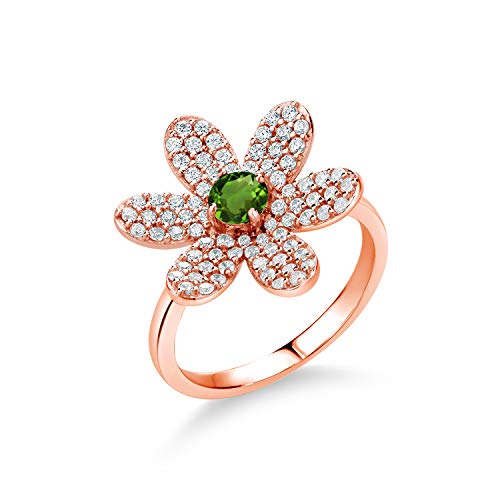 Gem Stone King 1.48 Ct Round Green Tourmaline Keren Hanan ART 18K Rose Gold Plated Silver Women Flower Ring (Size 7)