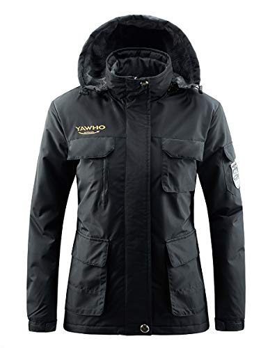 Women's Mountain Waterproof Ski Jacket Windproof Rain Snowboarding Jackets Winter Fleece Warm Snow Hooded Coat (Black, XL)