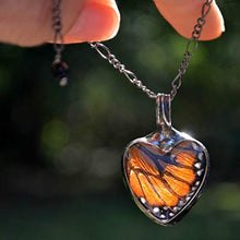 Load image into Gallery viewer, Handmade Monarch Butterfly Wing in Glass Pendant, Heart Jewelry for Women, New Tiffany Artisan Necklaces, Gift Ideas for Woman, Ethically Sourced Necklace

