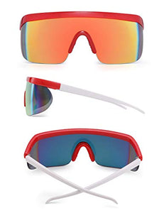JIM HALO Oversized Flat Top Shield Sunglasses One Piece Mirror Glasses Men Women (Red White Frame/Mirror Gold Lens)