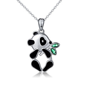 S925 Sterling Silver Lovely Panda Eat Bamboo Pendant Necklace