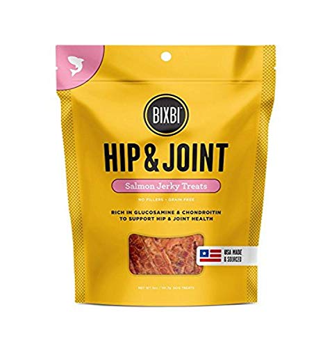 BIXBI Hip & Joint Support Salmon Jerky Dog Treats, 4 oz - USA Made Grain Free Dog Treats - Glucosamine, Chondroitin for Dogs - High in Protein, Antioxidant Rich, Whole Food Nutrition, No Fillers