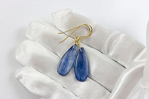 14k Yellow Gold Blue Kyanite Earrings Smooth Teardrops Simple Casual Pear Dangle Drops 1.6"