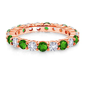 Gem Stone King 2.70 Ct Round Green Simulated Tsavorite and White Created Sapphire 18K Rose Gold Plated Silver Eternity Band Ring (Size 7)