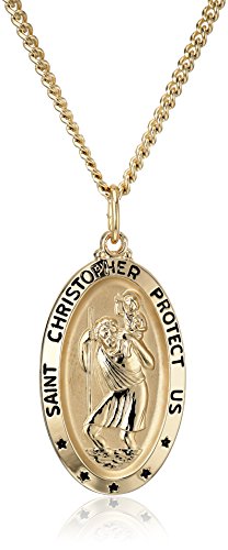 14k Gold-Filled Oval Saint Christopher Pendant Necklace with Black Lettering and Gold Plated Stainless Steel Chain, 20