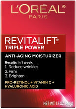 Load image into Gallery viewer, L’Oreal Paris Skincare Revitalift Triple Power Anti-Aging Face Moisturizer with Pro Retinol, Hyaluronic Acid &amp; Vitamin C to reduce wrinkles, firm and brighten skin, 1.7 Oz
