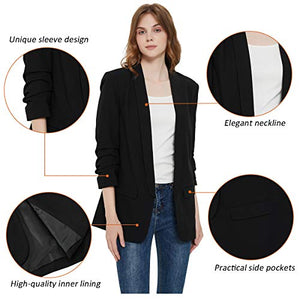 Charis Allure Womens 3/4 Ruched Sleeve Blazer Jacket Lightweight Work Office Open Front Solid Coat, Black, S