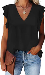Women's Summer V Neck Tank Cap Sleeve Casual Flowy Chiffon Blouse Shirts Black S