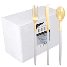 Load image into Gallery viewer, 144 PCS Disposable Gold Silverware, Plastic Flatware with White Handle, Gold Plastic Cutlery Includes: 48 Forks, 48 Knives and 48 Spoons (GOLD)
