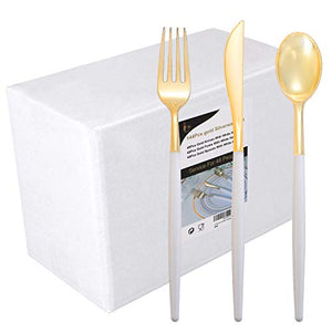 144 PCS Disposable Gold Silverware, Plastic Flatware with White Handle, Gold Plastic Cutlery Includes: 48 Forks, 48 Knives and 48 Spoons (GOLD)