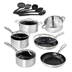 Granite Stone Silver Cookware Set Nonstick Pots and Pans Set– 10pc Cookware Sets |+ 5 Piece Utensil Set| Cookware Pots and Pans for Cooking Pan Set | Granitestone Diamond Cookware Set Nonstick Pan Set