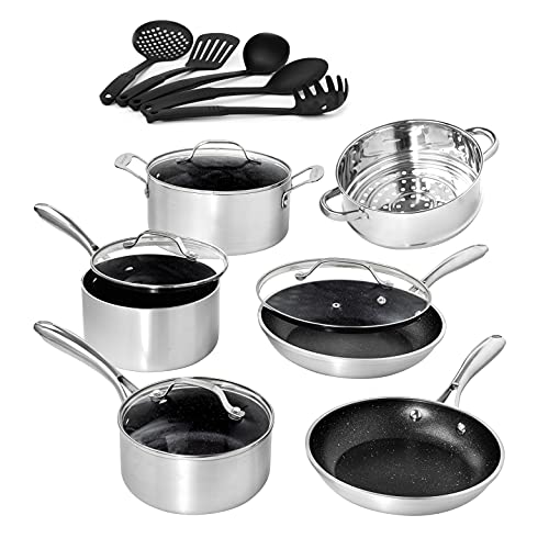 Granite Stone Silver Cookware Set Nonstick Pots and Pans Set– 10pc Cookware Sets |+ 5 Piece Utensil Set| Cookware Pots and Pans for Cooking Pan Set | Granitestone Diamond Cookware Set Nonstick Pan Set