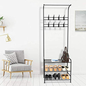 alvorog Entryway Coat Rack Shoe Bench, 3-in-1 Hall Tree, 3-Tier Storage Shelves with 16 Hooks Multifunctional Hallway Organizer, Easy Assembly (Black)