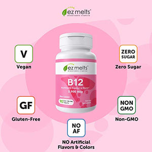 EZ Melts B12 as Methylcobalamin, 2,500 mcg, Sublingual Vitamins, Vegan, Zero Sugar, Natural Cherry Flavor, 90 Fast Dissolve Tablets