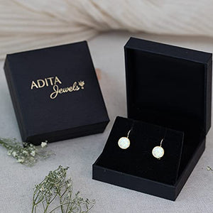 14k Solid Yellow Gold White Opal 8mm Gemstone Dangle Earrings, Dainty Opal Gemstones Earrings, Bridal Handmade Wedding Jewelry Gift for Brides, Graduation Gift