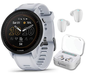 Garmin Forerunner 955 Solar, GPS Running Smartwatch with Solar Charging Capabilities, Tailored to Triathletes, Long-Lasting Battery, Whitestone with Wearable4U White Earbuds Bundle