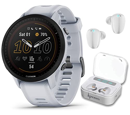 Garmin Forerunner 955 Solar, GPS Running Smartwatch with Solar Charging Capabilities, Tailored to Triathletes, Long-Lasting Battery, Whitestone with Wearable4U White Earbuds Bundle