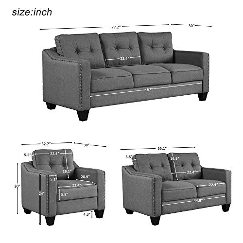 Load image into Gallery viewer, Harper & Bright Designs 3 Pieces Living Room Sets, Couch Set for Living Room with Sofa Loveseat and Armchair (Nail Trim - Grey)