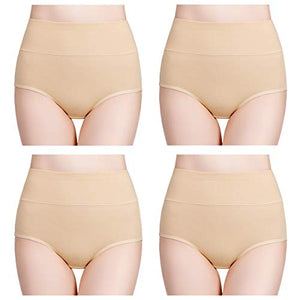 wirarpa Women's Cotton Underwear Panties High Waisted Full Briefs 4 Pack Ladies No Muffin Top Underpants Beige Size 5, Small