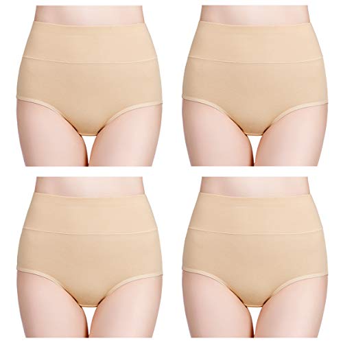 wirarpa Women's Cotton Underwear Panties High Waisted Full Briefs 4 Pack Ladies No Muffin Top Underpants Beige Size 5, Small