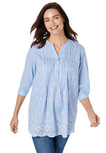 Load image into Gallery viewer, Woman Within Women's Plus Size Embroidered Cotton Tunic - 1X, French Blue Stripe Eyelet Embroidery White
