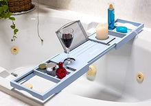 Load image into Gallery viewer, Aquaa Life Classy Blue Bathtub Tray, Expandable Bamboo Bathtub Caddy Tray, Wooden Bath Tray, Two Person Extendable Bath Tray with Wine Phone Book and Soap Holder, Luxury Bathtub Accessories Set
