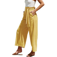 Load image into Gallery viewer, MOLFROA Womens Casual Crop Wide Leg Lace Up High Waisted Dress Pants with Fabric Belt (Yellow,S)
