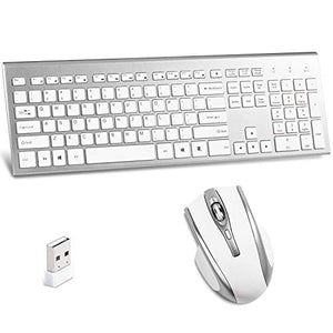 Wireless Keyboard and Mouse Combo,2.4G Wireless Combo,Full Size Slim Thin Wireless Keyboard with Palm Rest and Comfortable Mouse (White&Silver)