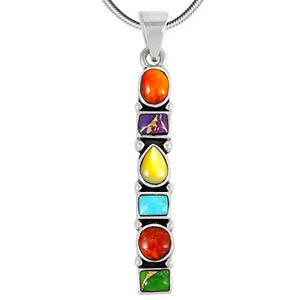 Gemstone Pendant Necklace 925 Sterling Silver & Genuine Turquoise & Gemstones (20" Length) (Multi-C71)