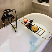 Load image into Gallery viewer, Bathtub Caddy/Tray, Bath Serving Tray - Bath Reading Tray with Expandable Sides, Cellphone Tray And Wineglass Holder - Luxury Spa Organizer,Gold
