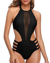 Load image into Gallery viewer, Tempt Me Women One Piece Mesh Swimsuit Black High Neck Halter Cutout Monokini L
