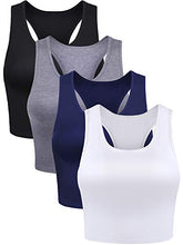 Load image into Gallery viewer, 4 Pieces Basic Crop Tank Tops Sleeveless Racerback Crop Sport Cotton Top for Women (Black, White, Dark Grey, Navy Blue, Medium)
