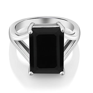 Gem Stone King 925 Sterling Silver Black Onyx Solitaire Ring 5.00 Ct Gemstone Birthstone, 14x10mm Emerald Cut (Size 6)