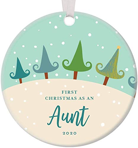 1st Year Aunt Christmas Anniversary Ornament 2020 Decorated Pine Tree Xmas Chic Presents Cute Winter Snow Home Decor Amazing Handcrafted Niece Nephew Gift Dated Happy Holiday Porcelain Round Circle 3