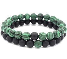 Load image into Gallery viewer, Set of 2 Womens Mens 8mm Handmade Couples Distance Beads Bracelets Friendship Couple Jewelry Round Energy Stone Beads Gemstone Beaded for Valentine Birthday (Malachite Stone &amp; Black Matte Agate)
