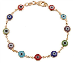 Gold Overlay with Colorful Mini Evil Eye Style 7.5 Inch Clasp Bracelet (T-42)