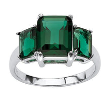 Load image into Gallery viewer, Sterling Silver Emerald Cut Simulated Green Emerald 3-Stone Ring Size 8
