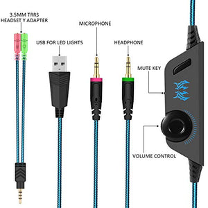 Gaming Headset with Mic for PC,PS4,Xbox One,Over-Ear Headphones with Volume Control LED Light Cool Style Stereo,Noise Reduction for Laptops,Smartphone,Computer (Black & Blue)