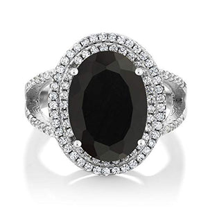 GemStoneKing 6.44 Carat 14X10MM Oval Natural Genuine Black Onyx Women's Ring Solid 925 Sterling Silver Cocktail Ring , Black and White , (SIZE 7)