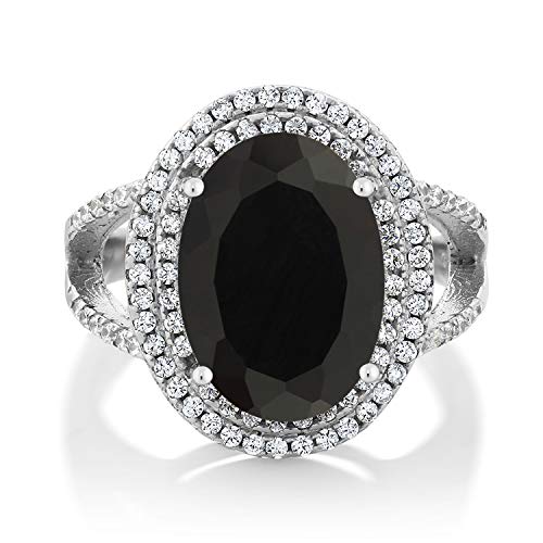 GemStoneKing 6.44 Carat 14X10MM Oval Natural Genuine Black Onyx Women's Ring Solid 925 Sterling Silver Cocktail Ring , Black and White , (SIZE 7)