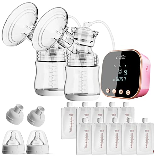 Double Electric Breast Pump with 10 Breastmilk Storage Bags, 2 Flanges and Milk Extractor, Breastfeeding Pump with 3 Modes, 9 Levels, Portable Breast Pump Strong Suction Power, Quiet, Pain Free（Pink）