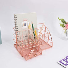 Load image into Gallery viewer, Yarlung Mesh Rose Gold Desk Organizer with 5 Compartments and Sliding Drawer, Multifunctional Office Supplies Holder, Desk Accessories Collection for Women and Men
